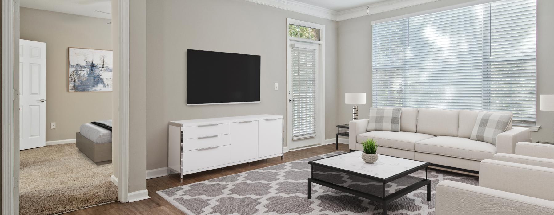 a living room with a tv and couches