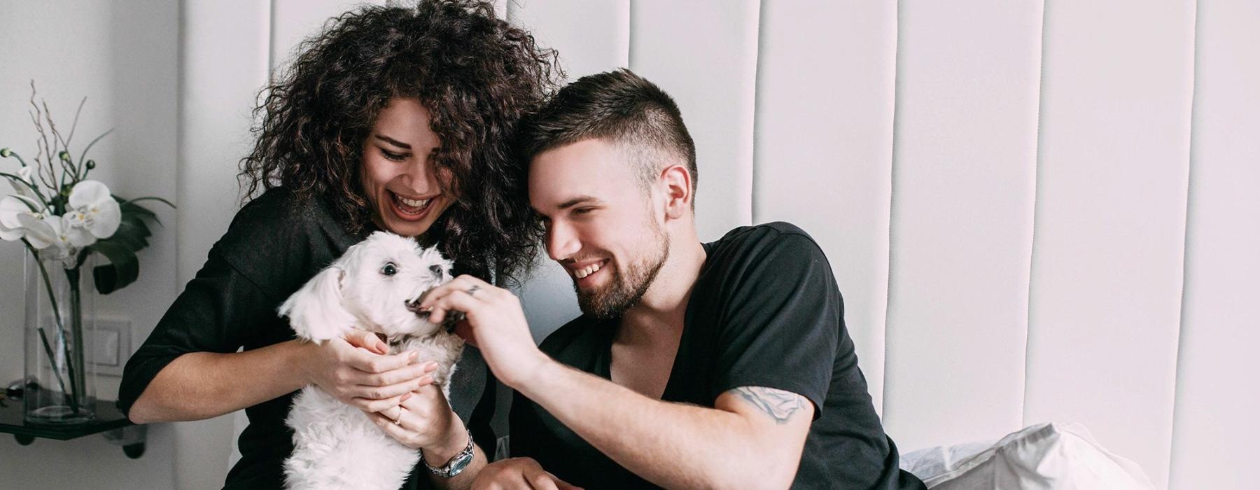 a man and woman sitting on a bed playing with a dog